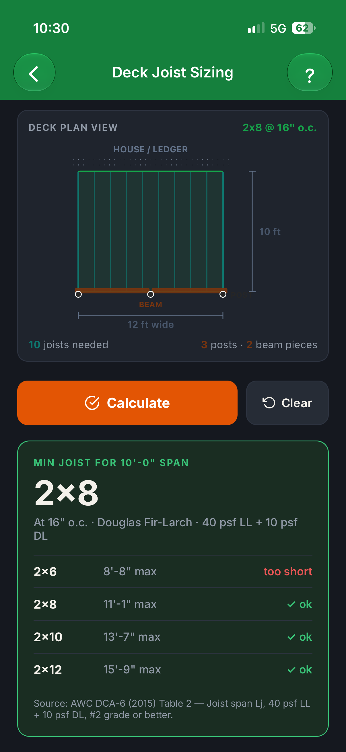 Build Specs Deck Joist Sizing showing a 10-foot by 12-foot deck plan and a 2-by-8 joist result at 16 inches on center