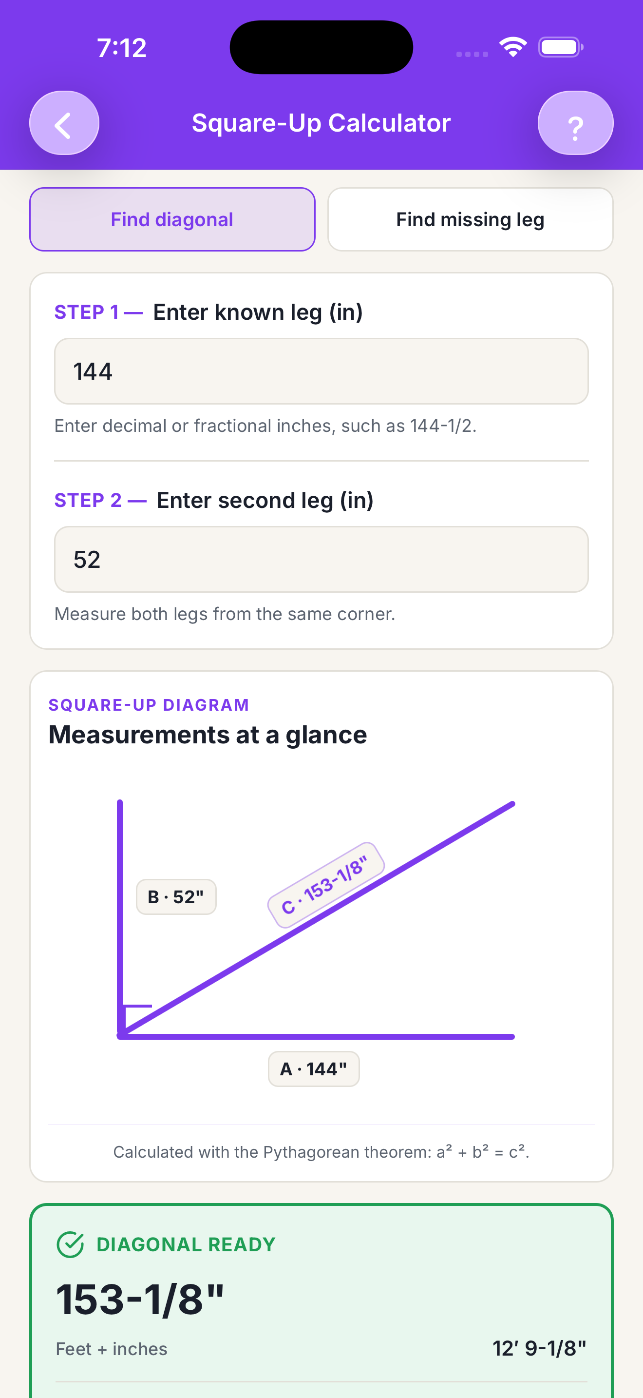 Build Specs Square-Up Calculator showing a 144-inch by 52-inch layout with a calculated 153-and-one-eighth-inch diagonal