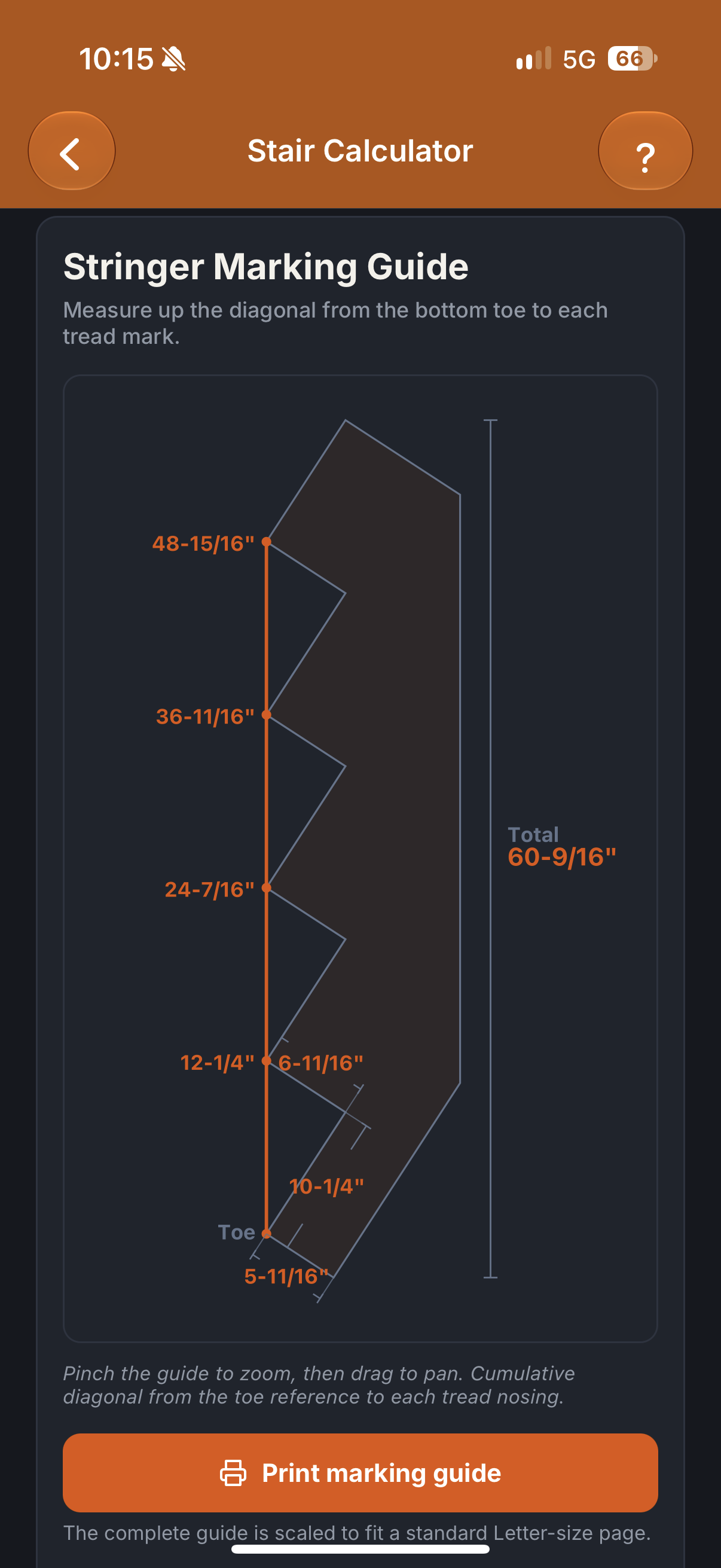 Build Specs Stair Calculator showing the Stringer Marking Guide, cumulative tread measurements, and Print marking guide button
